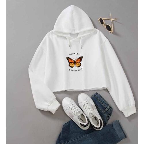 White Crop Top Hooded Sweatshirt Graphic Hoodie Y2k Cotton Long Sleeve Kawaii Clothes Harajuku Drawstring Top Fashion Pullover