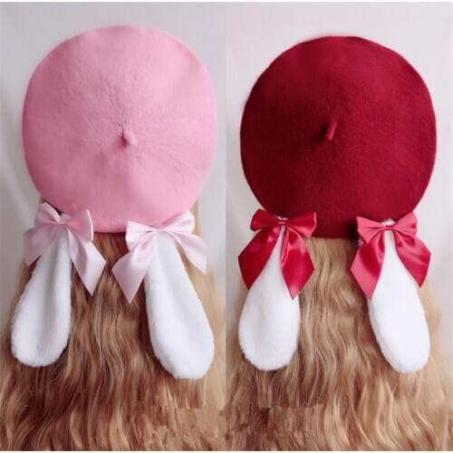 Handmade Bowknot Rabbit Ear Beret Hat Lolita Painter Hat Flat Cap Women Autumn Winter Warm Cap D594