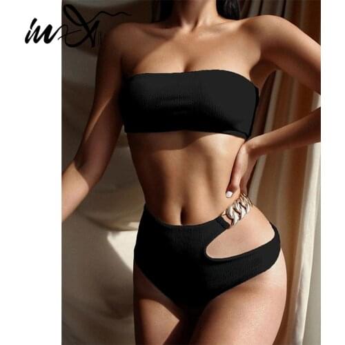 In-X High waist bikini 2021 Bandeau swimsuit women Chain swimwear female Sports off-shoulder bathing suit solid Ribbed swim new
