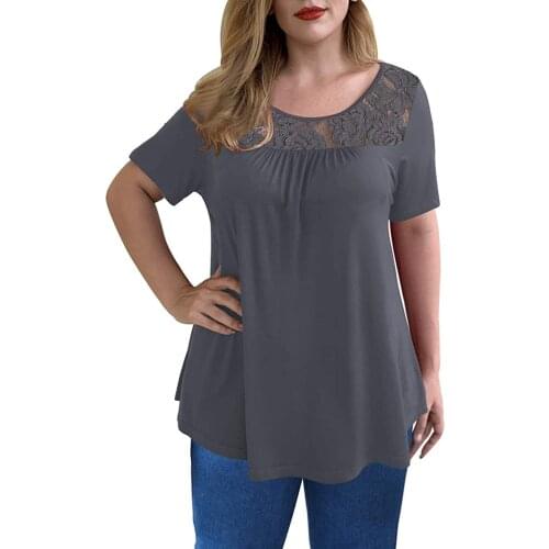 2021 Plus Size 5XL Womens Lace Blouses And Shirts Summer Stitching Short Sleeve Round Neck Solid Oversized Tops T-Shirt Casual