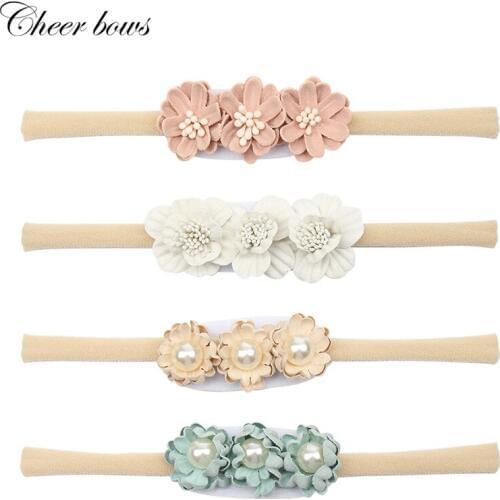 Newborn Pearl Flower Headband Baby Nylon Floral Hair Bands for Girls Handmade Head Bands Children Kids Hair Accessories