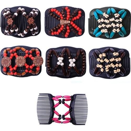 Double Magic Slide Comb Clip Hairpins For Women Clamp Pins Hair Accessories Butterfly Simulated Wood Bead Stretchy Hair Combs