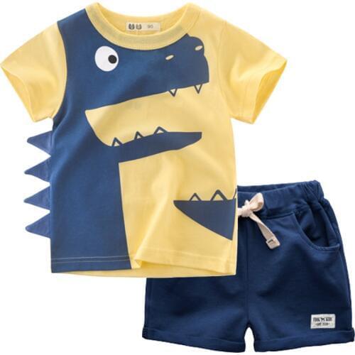 BINIDUCKLING Summer Boys Kids Clothes Cartoon Dinosaur O-Neck T-Shirt+Shorts Pure Cotton Fashion Children Boy Clothing Set