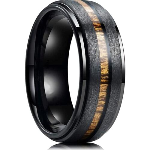 Fashion 8mm Mens Black Tungsten carbide Ring Hawaiian Koa Wood Inlay Matte Brushed Finish Mens Promise Ring Men Wedding Band