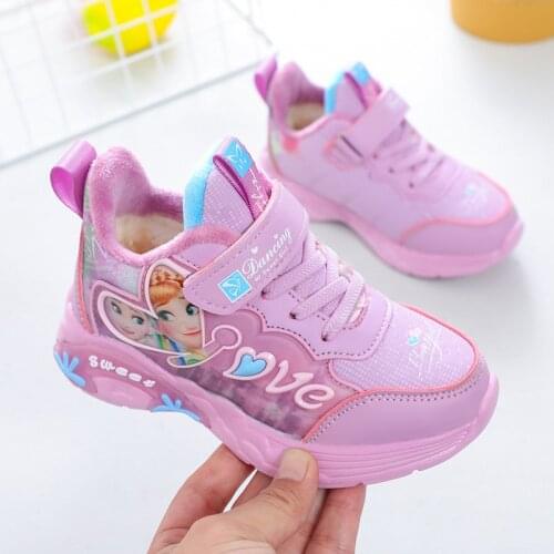 Disney Girls Casual Shoes Autumn Winter Frozen Girls Sneakers Warm Comfortable Children Run Shoes Big Kids Princess Elsa Shoes