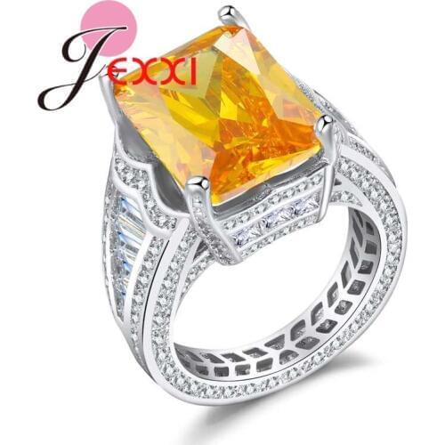 Square Yellow Austrian Crystal Wedding Party Rings For Women Silver Engagement Ring Valentines Day Gift