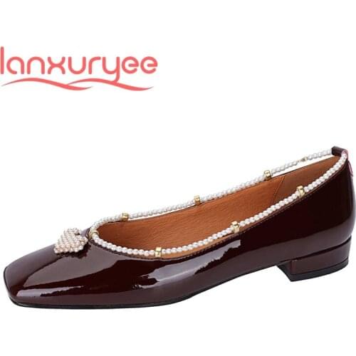 Lanxuryee 2021 spring new shoes cow patent leather beading square toe low heel slip on designer dress elegant women pumps L8f2