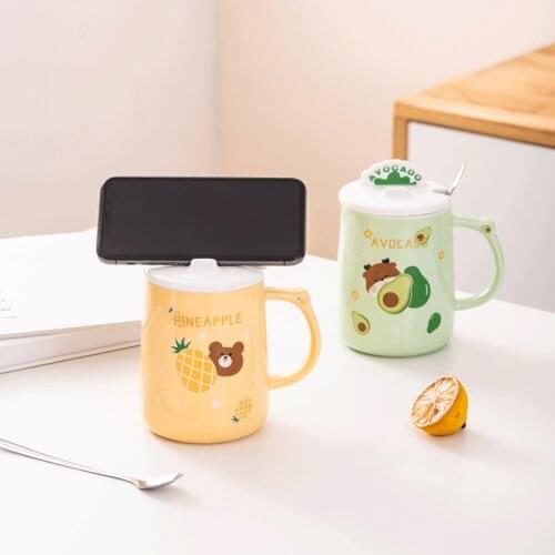 450ml Phone Holder Mug Ceramic Water Bottle with Lid and Scoop for Fruit Ice Cream Free Postage Home Office Cute Coffee Cup