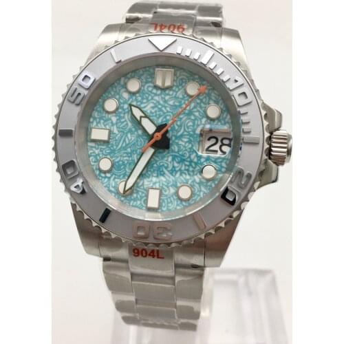 Retro light blue pattern dial automatic mens watch mechanical NH35 movement strong luminous dial sapphire mirror steel band