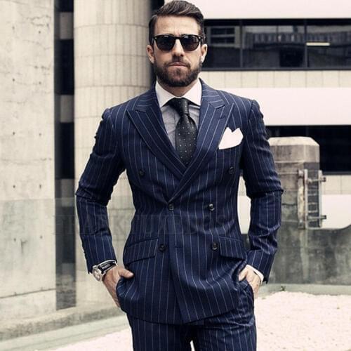 Men Suits Vertical Stripe Formal Blazer for Business Wedding Smart Casual Slim Fit tuxedo Peaked Lapel Coat 2 Pieces(Jacket+Pants)