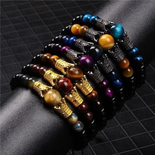 Top Quality Men Braided Bracelet Adjustable Natural Tiger Eye Stone Beads Bracelet Golded Crown Charm Bracelet fit Women Homme