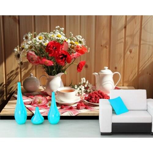 Papel de parede Still-life Bouquets Tea Kettle Vase Cup Flowers 3d wallpaper mural for living room sofa TV wall bedroom kitchen