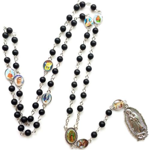 QIGO Religious Long Black Stone Rosary Necklace For Men Women Catholic Pray Jewelry Gifts