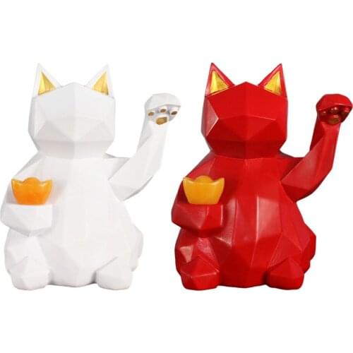 Lucky Cat Decor Sculptures Abstract Animal Figurines Geometric Surface Resin Statues Gift Present for Home Office Desk Decor