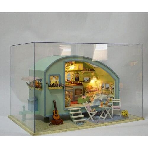 Travel Caravan DIY Tour Of Time Wooden Dollhouse Miniature Kit Doll House LED Music Box Voice Control Handmade Kits For Girls