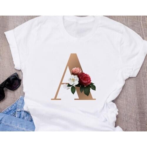 Custom name letter combination fashion womens High quality printing T-shirt Flower letter Font A B C D E F G Short sleeve