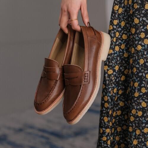 Women Shoes Fashion Genuine Leather Retro Loafers Slip-On Casual Spring/Autumn Flats Round Toe Thick Heel Handmade Size 34-39