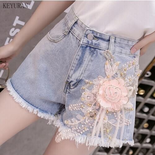 Shorts Women Denim Short Straight Women High Waist Tassel Beading 3D Floral Embroidery Summer Shorts Femme Slim Jeans Short