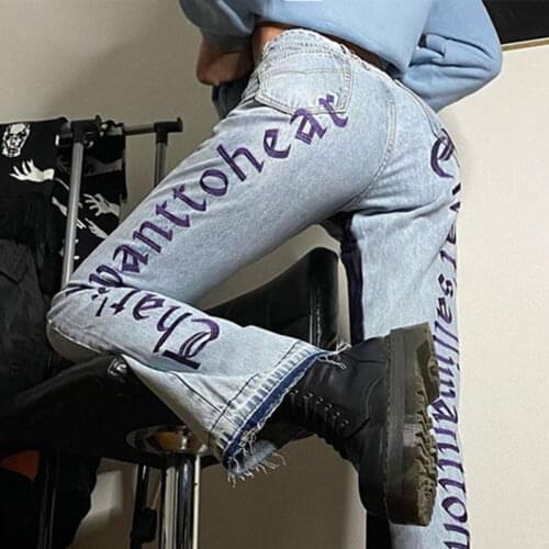 B-TOTO Tide Brand American Retro Light Blue Letters Embroidery Stitching Contrast Jeans Women 2021 New Fashion