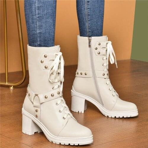 Womens Lace Up Genuine Leather Chunky High Heels Platform Pumps Shoes High Top Round Toe Punk Rivets Riding Boots Casual Shoes