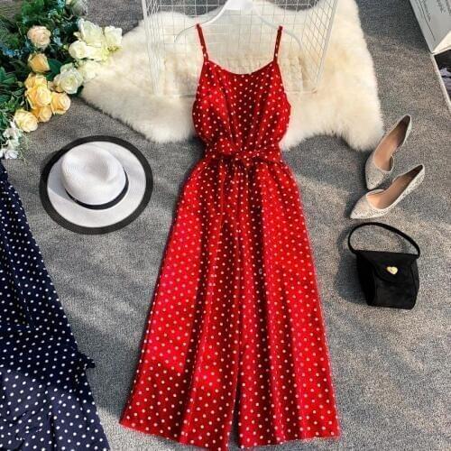 Womens spring summer vintage dot print backless Playsuits Ladys high waist Wide leg pants beach vacation Jumpsuits TB1073