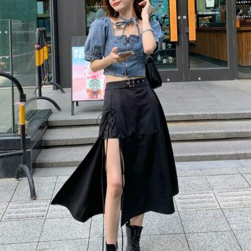 2 Piece Set Women Summer 2021 Gothic Black Skirt Korea Irregular Skirts+Crop Top Fashion Suits Sexy Streetwear Set Chic News