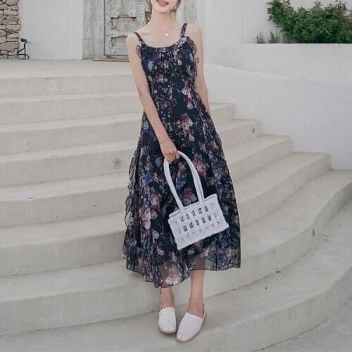 Floral Spaghetti Strap Dress Women Summer Sexy Beach Style Midi Dresses for Women Party Elegant Vintage Ruffles Fairy Dress 2021