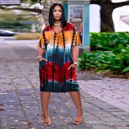 Deep V-neck shortcut dress business street side pocket tie color printing temporary batch dress women