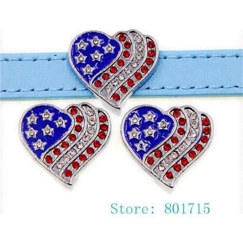 10pcs SL509 Rhinestone Flag heart Internal Dia. 10mm slide Charms fit 10mm wristband pet collar key chain Jewelry Finding