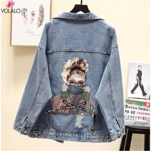 2020 BF Autumn Harajuku Printed Frayed Beading Denim Jacket Loose Casual Jeans Jacket Women Coats Outwear Female Jackets