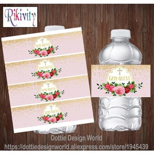 20Pcs God Bless Pink Gold Baptism Water Bottle Wine Labels Waterproof Mini Candy Bar Wrapper Sticker First Holy Party Decoration