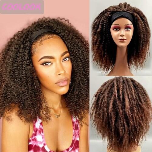 Afro Kinky Curly Headband Wigs for Women Puffy Brown Afro Curly Hair Turban Wig Synthetic Ombre Burgundy Cosplay Wigs with Scarf