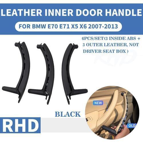 RHD Black Genuine Leather Car Front Rear / Left Right Interior Door Handle Inner Panel Pull Trim Cover For BMW E70 E71 X5 X6