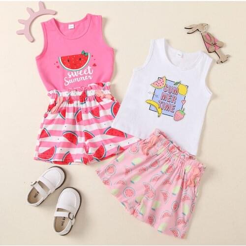 FOCUSNORM 1-5Y Summer Lovely Kids Girls Clothes Sets Fruit Printed Sleeveless Pullover Vest Tops Shorts 2pcs