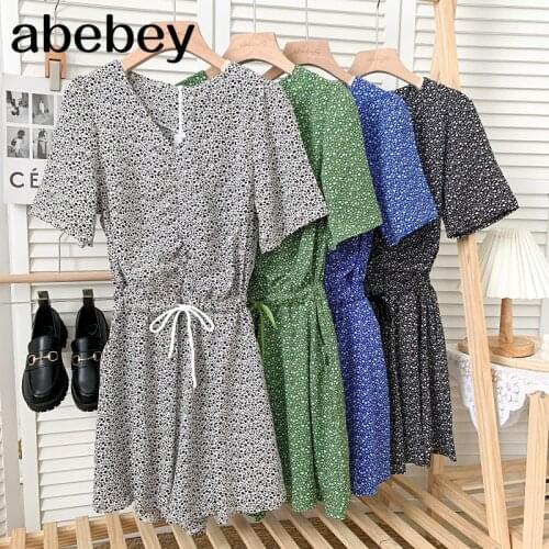 Vintage V-neck short sleeve Rompers high waist drawstring lace up print loose casual wide leg Rompers 2021 New Summer