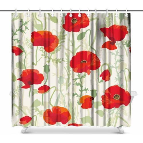 Aplysia Poppy Field Red Poppy Theme Fabric Bathroom Decor Shower Curtain Set with Hooks 72 Inches