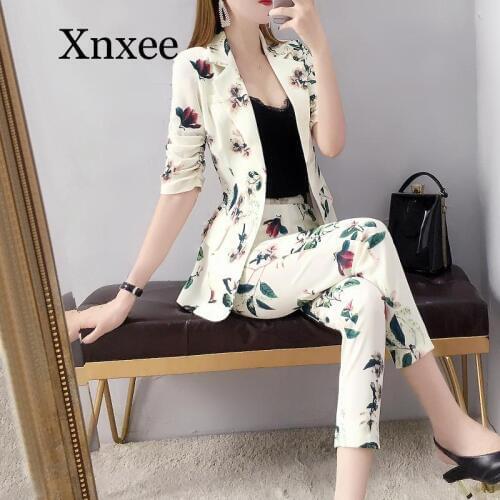 Woman Work Pant Suits OL 2 Piece Set for Women Business Casual Elegant Floral Printing Blazer and Pencil Pant Office Lady Suit