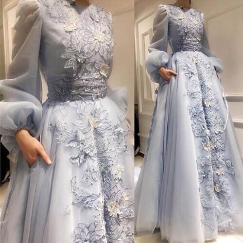 Pretty 3D Flower Sky Blue A-line Evening Dresses 2021 Puffy Full Sleeves Muslim Appliques Prom Gowns With Pockets