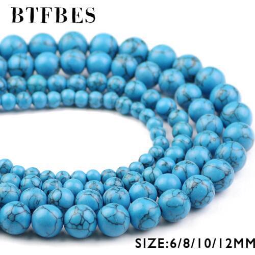 BTFBES Round Shape Natural Blue Pine Veins Beads 6/8/10/12mm Ore Blue Color Stone Loose Beads For Jewelry Making DIY Bracelets