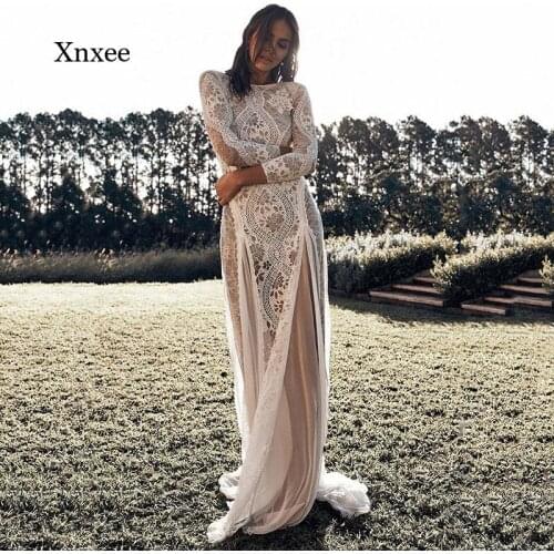 Lace Hollow Maxi Dress Backless Elegant Long Sleeve o Neck Bodycon Bohemian Beach Party Wedding Dress Bridal Gown Robe Outfits