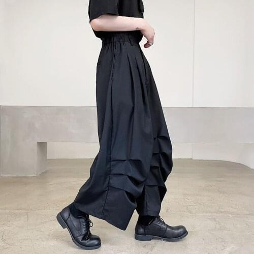 Summer Mens Wide Leg Pleated Black Loose Ankle-length Pants Chic Design D49