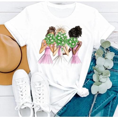 Summer Sister Friends Floral Printing Cartoon Short Sleeve Women Fashion Clothes Print Tshirt Female Tee Top Graphic T-shirt