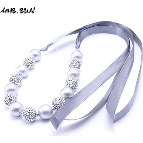 MHS.SUN 2PCS Fashion Silver Color Ribbon Kid Chunky Bead Necklace Baby Toddler Girl Bubblegum Chunky Necklace Children Jewelry