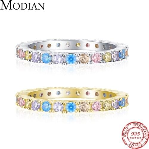 Modian Real 925 Sterling Silver Rainbow Candy Color Crystal Exquisite Classic Finger Ring For Women Wedding Engagement Jewelry