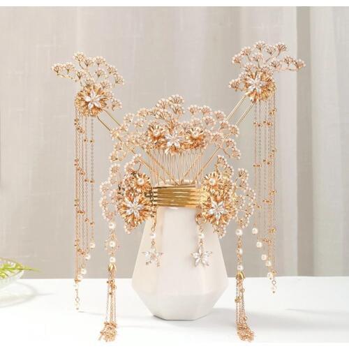 New Hanfu Costume Bridal Headdress Chinese Hair Accessories Set Pearl Crystal Flower Wedding Jewelry Hair Combs Earring Set