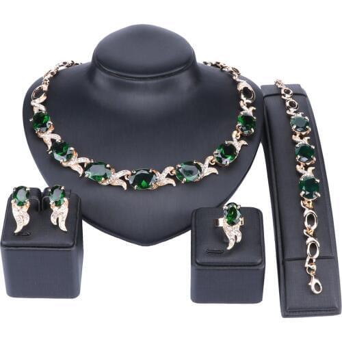OUHE Bridal Gift Crystal Jewelry Set Womens Green Crystal Rhinestone Collar Necklace Drop Earrings Bracelet Ring for Wedding