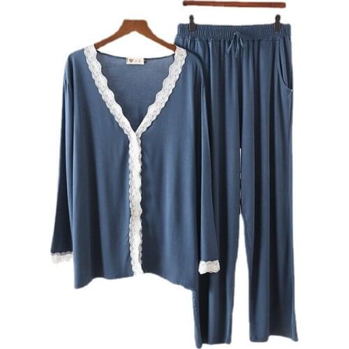 Sexy Lace Cardigan Modal Pajamas Set Comfortable Women Loose Homewear V-neck Long Sleeve Simple Casual Pyjamas Set Sleepwear Set