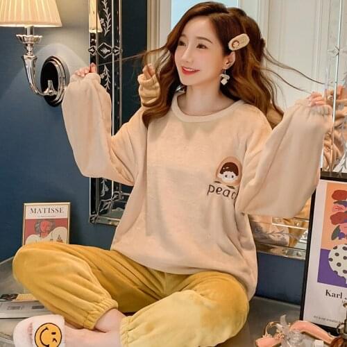 New Pajamas Set Winter Thcik Warm Flannel Pyjamas Women Long Sleeve Sleepwear Nightwear Cartoon Home Suit Pijamas Mujer Homewear