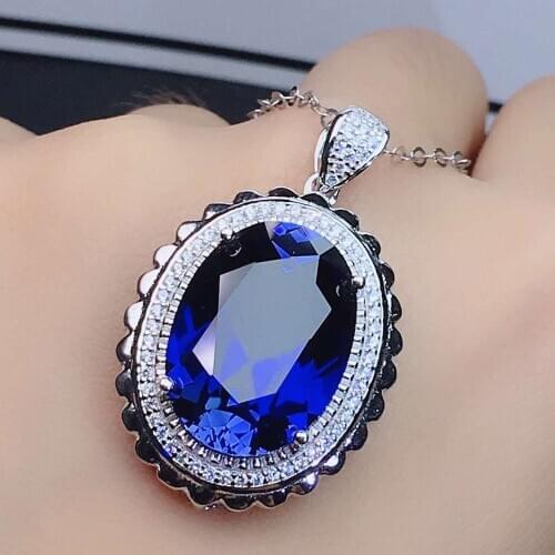 Luxury big oval blue sapphire gemstones diamonds pendant necklaces for women white gold silver color crystal jewelry bijoux gift