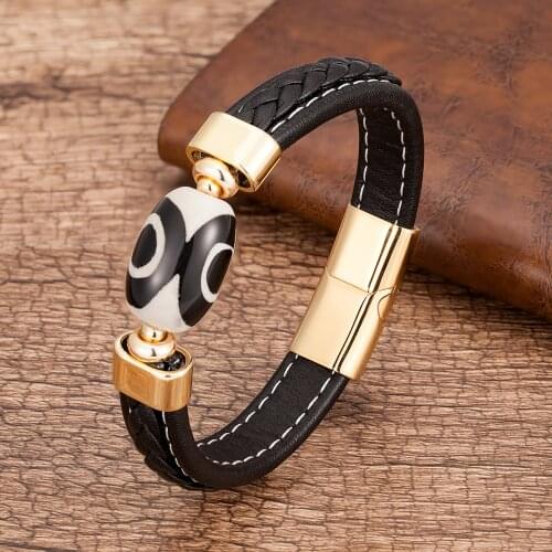 Luxury Mens Jewelry Natural Oval Stone Beads Bracelet Black Braided Leather Rope Stainless Steel Magnetic Clasp For Male Bangles